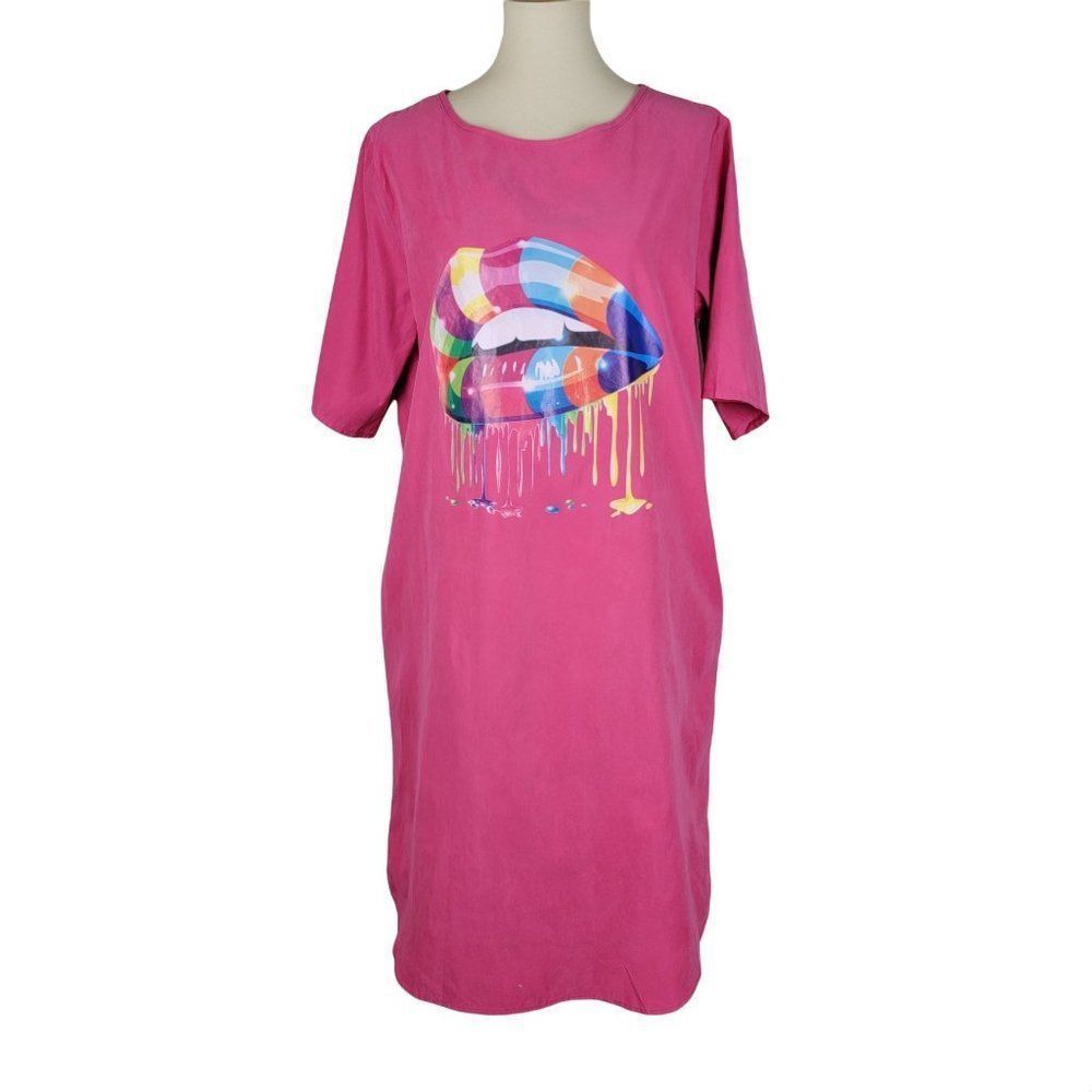 Unbranded Pink Colorful Lip Print Midi Shift Short Sleeves Pocket Dress Size XL